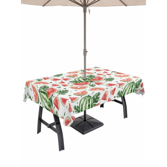 Outdoor Tablecloth with Umbrella Hole for Patio/Picnic/Party/Camping, Watermelon Waterproof Table Cloth Rectangle Table Cover Washable, Watercolor Summer Fruits Green Palm Leaves (54"x 80")