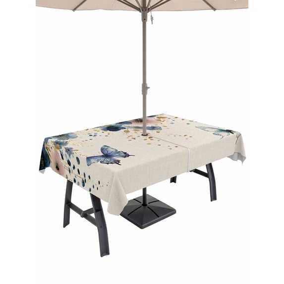 Outdoor Tablecloth with Umbrella Hole for Patio/Picnic/Party/Camping, Weeping Blue Floral Waterproof Table Cloth Rectangle Table Cover Washable, Spring Butterflies Flowers Linen (54"x 80")