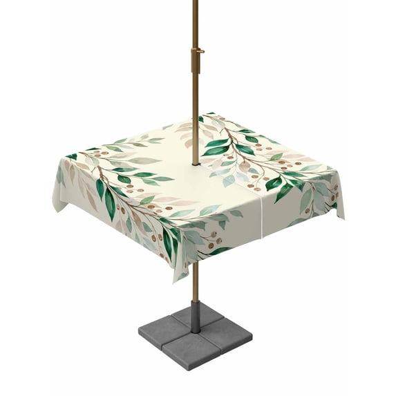 Outdoor Tablecloth with Umbrella Hole for Patio/Picnic/Party/Camping, Weeping Leaves Waterproof Table Cloth Square Cover Washable, Summer Green Branch Berry Farmhouse (60"x 60")