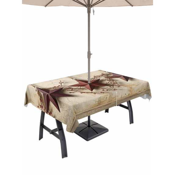 Outdoor Tablecloth with Umbrella Hole for Patio/Picnic/Party/Camping, Western Star Brown Waterproof Table Cloth Rectangle Table Cover Washable, Farmhouse Berry Botanical Vintage (60"x 102")