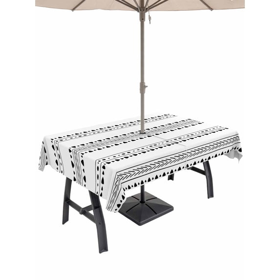 Outdoor Tablecloth with Umbrella Hole for Patio/Picnic/Party/Camping, White Boho Geometric Waterproof Table Cloth Rectangle Table Cover Washable, Abstract Art Dots Striped (52"x 70")