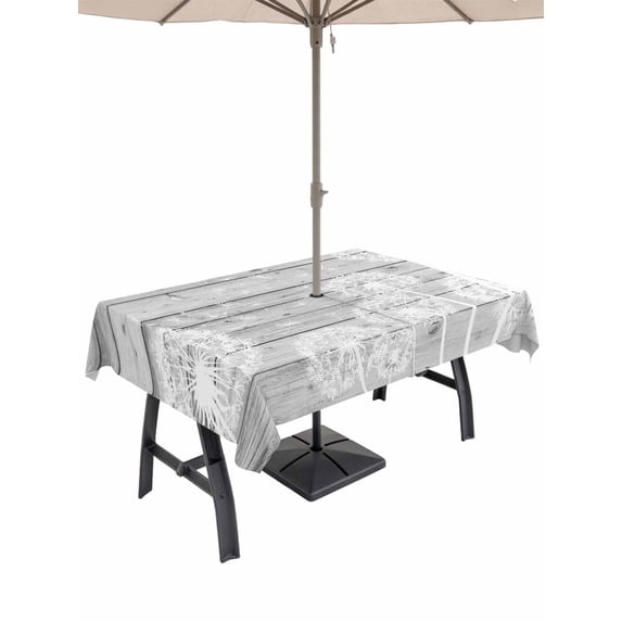 Outdoor Tablecloth with Umbrella Hole for Patio/Picnic/Party/Camping, White Dandelion Waterproof Table Cloth Rectangle Table Cover Washable, Spring Flowers Plants Vintage Gray Wood (52"x 70")