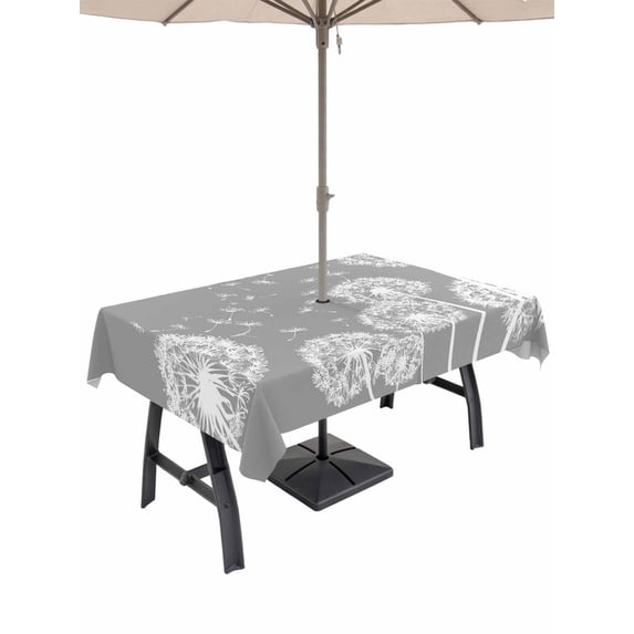 Outdoor Tablecloth with Umbrella Hole for Patio/Picnic/Party/Camping, White Dandelion Waterproof Table Cloth Rectangle Table Cover Washable, Spring Plants Flowers Vintage Gray (52"x 70")