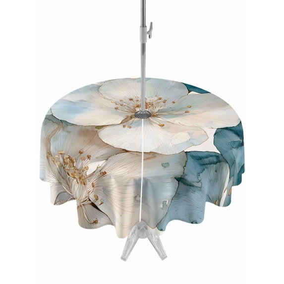 Outdoor Tablecloth with Umbrella Hole for Patio/Picnic/Party/Camping, White Teal Cherry Blossom Waterproof Table Cloth Round Cover Washable, Spring Summer Flowers Watercolor (Dia 54")