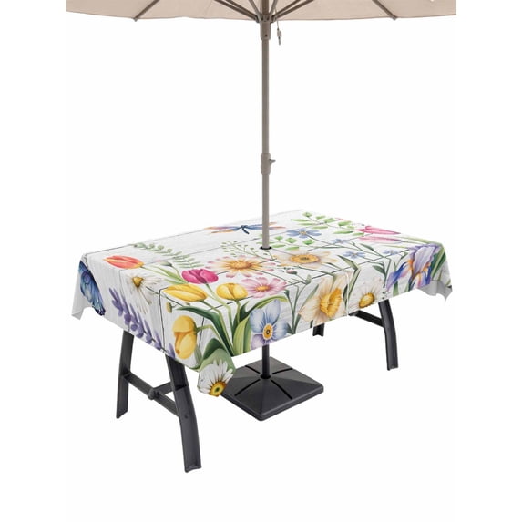 Outdoor Tablecloth with Umbrella Hole for Patio/Picnic/Party/Camping, Wildflowers Waterproof Table Cloth Rectangle Table Cover Washable, Spring Farmhouse Tulip Floral Leaf Wooden Grain (60"x 84")