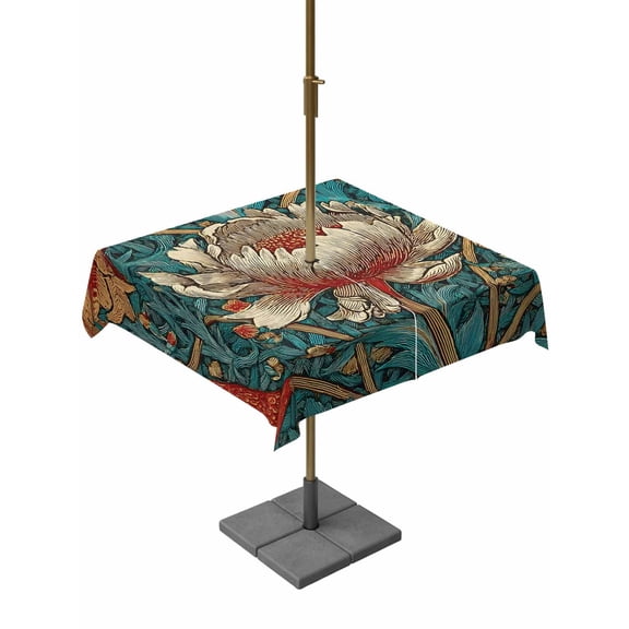 Outdoor Tablecloth with Umbrella Hole for Patio/Picnic/Party/Camping, William Morris Plant Floral Waterproof Table Cloth Square Cover Washable, Retro Lotus Flower Leaves (54"x 54")