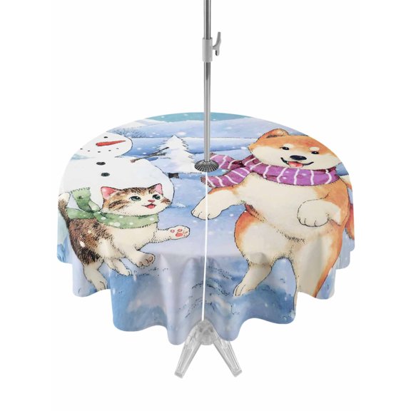 Outdoor Tablecloth with Umbrella Hole for Patio/Picnic/Party/Camping, Winter Dog Waterproof Table Cloth Round Cover Washable, Cute Cat Snowman Snowflake (Dia 54")