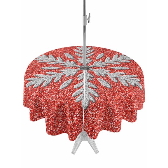 Outdoor Tablecloth with Umbrella Hole for Patio/Picnic/Party/Camping, Winter Snowflake Waterproof Table Cloth Round Cover Washable, Modern Sparkling Snowflakes Red (Dia 54")