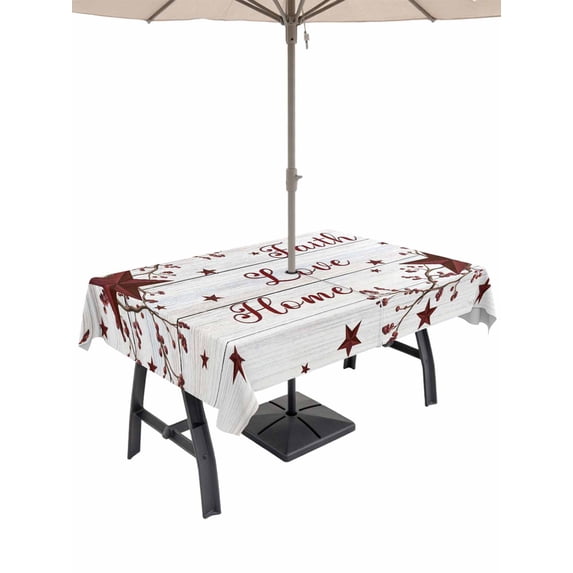 Outdoor Tablecloth with Umbrella Hole for Patio/Picnic/Party/Camping, Wooden Grain Waterproof Table Cloth Rectangle Table Cover Washable, Red Country Texas Star Branches Berry (60"x 84")