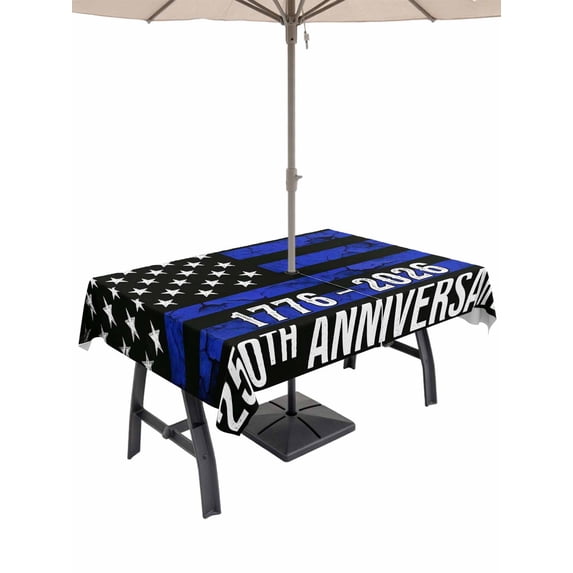 Outdoor Tablecloth with Umbrella Hole for Patio/Picnic/Party/Camping, Year American Anniversary Flag Waterproof Table Cloth Rectangle Table Cover Washable, USA Black Blue (54"x 80")