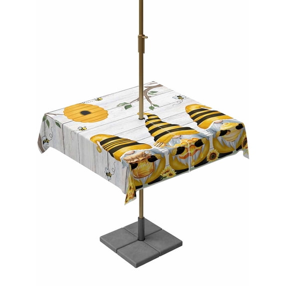 Outdoor Tablecloth with Umbrella Hole for Patio/Picnic/Party/Camping, Yellow Bees Gnomes Waterproof Table Cloth Square Cover Washable, Spring Floral Branches Wooden (60"x 60")