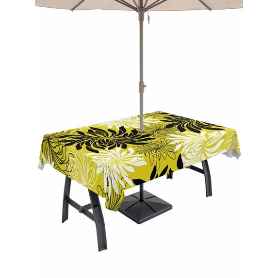Outdoor Tablecloth with Umbrella Hole for Patio/Picnic/Party/Camping, Yellow Black Flowers Waterproof Table Cloth Rectangle Table Cover Washable, Modern Abstract Blooms Floral (60"x 84")