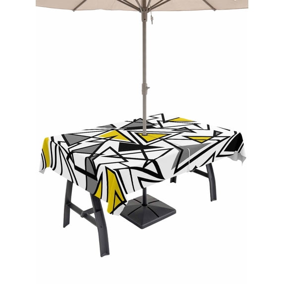 Outdoor Tablecloth with Umbrella Hole for Patio/Picnic/Party/Camping, Yellow Black Geometric Waterproof Table Cloth Rectangle Table Cover Washable, Abstract Art Modern Line (60"x 120")