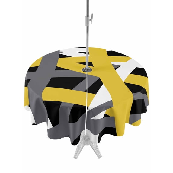 Outdoor Tablecloth with Umbrella Hole for Patio/Picnic/Party/Camping, Yellow Black Geometric Waterproof Table Cloth Round Cover Washable, Modern Art Abstract Grey Line (Dia 60")