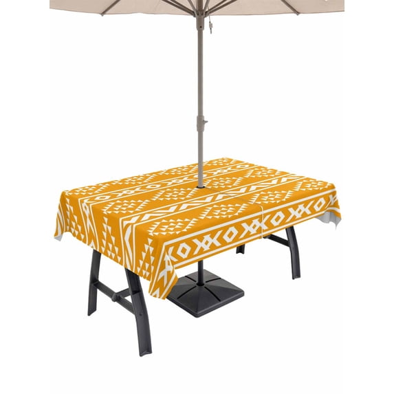 Outdoor Tablecloth with Umbrella Hole for Patio/Picnic/Party/Camping, Yellow Boho Waterproof Table Cloth Rectangle Table Cover Washable, Abstract Geometric Bohemia Ethnic Striped (60"x 102")