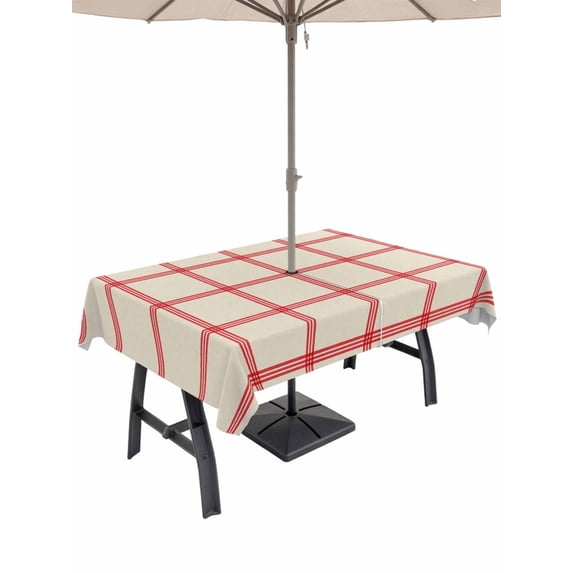 Outdoor Tablecloth with Umbrella Hole for Patio/Picnic/Party/Camping, Yellow Buffalo Plaid Waterproof Table Cloth Rectangle Table Cover Washable, Red Lines Grid Pattern Vintage (54"x 80")