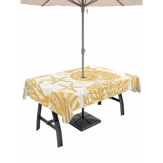 Outdoor Tablecloth with Umbrella Hole for Patio/Picnic/Party/Camping, Yellow Coastal Waterproof Table Cloth Rectangle Table Cover Washable, Nautical Coral Shell Conch Starfish Summer (52"x 70")