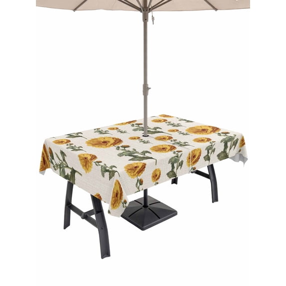 Outdoor Tablecloth with Umbrella Hole for Patio/Picnic/Party/Camping, Yellow Daisy Waterproof Table Cloth Rectangle Table Cover Washable, Spring Botanical Garden Floral Flowers (60"x 84")