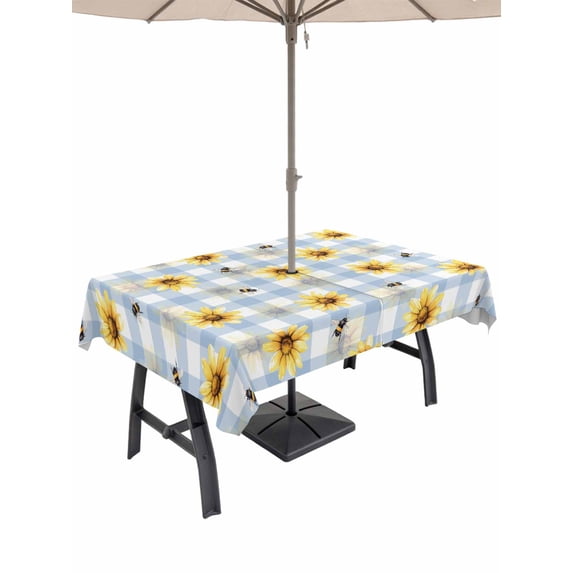 Outdoor Tablecloth with Umbrella Hole for Patio/Picnic/Party/Camping, Yellow Flowers Checkered Waterproof Table Cloth Rectangle Table Cover Washable, Blue Plaid Farmhouse Art Floral (60"x 120")