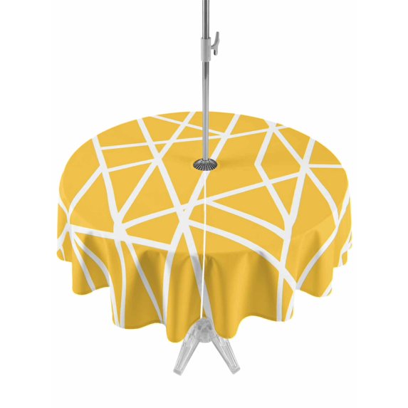 Outdoor Tablecloth with Umbrella Hole for Patio/Picnic/Party/Camping, Yellow Geometric Waterproof Table Cloth Round Cover Washable, Abstract Stripes Modern Minimalist (Dia 54")