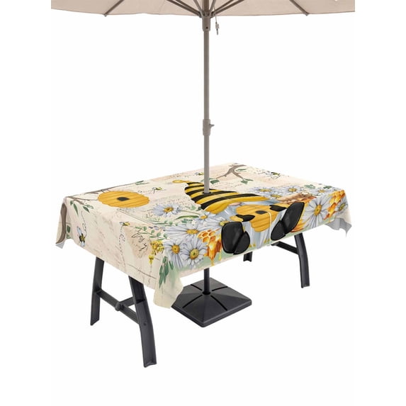 Outdoor Tablecloth with Umbrella Hole for Patio/Picnic/Party/Camping, Yellow Gnomes Waterproof Table Cloth Rectangle Table Cover Washable, Spring Floral Bees Daisy Branches Watercolor (54"x 80")