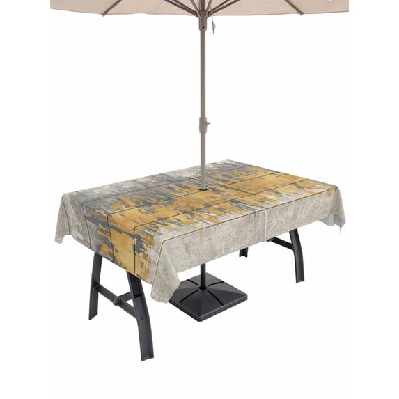 Outdoor Tablecloth with Umbrella Hole for Patio/Picnic/Party/Camping, Yellow Grey Abstract Waterproof Table Cloth Rectangle Table Cover Washable, Gradient Geometric Graffiti Retro Wooden (52"x 70")