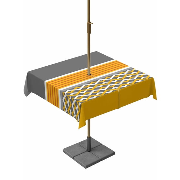 Outdoor Tablecloth with Umbrella Hole for Patio/Picnic/Party/Camping, Yellow Grey Stripes Waterproof Table Cloth Square Cover Washable, Abstract Lines Geometric Modern Art (60"x 60")