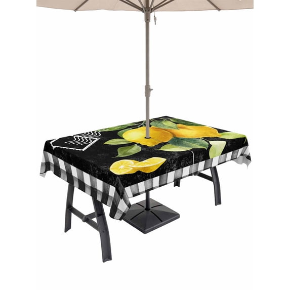 Outdoor Tablecloth with Umbrella Hole for Patio/Picnic/Party/Camping, Yellow Lemon Waterproof Table Cloth Rectangle Table Cover Washable, Summer Botanical Black White Checkered (52"x 70")