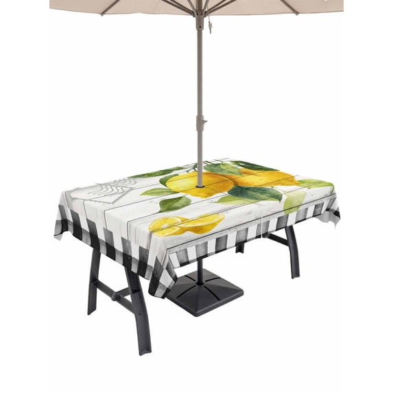 Outdoor Tablecloth with Umbrella Hole for Patio/Picnic/Party/Camping, Yellow Lemon Waterproof Table Cloth Rectangle Table Cover Washable, Summer Botanical Black White Checkered Wooden (52"x 70")