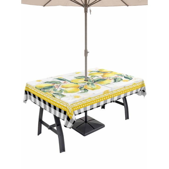 Outdoor Tablecloth with Umbrella Hole for Patio/Picnic/Party/Camping, Yellow Lemon Waterproof Table Cloth Rectangle Table Cover Washable, Summer Botanical Black White Plaid Pastoral (52"x 70")