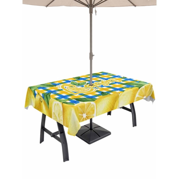 Outdoor Tablecloth with Umbrella Hole for Patio/Picnic/Party/Camping, Yellow Lemon Waterproof Table Cloth Rectangle Table Cover Washable, Summer Botanical Blue Yellow Buffalo Plaid (52"x 70")