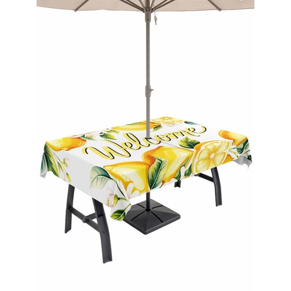 Outdoor Tablecloth with Umbrella Hole for Patio/Picnic/Party/Camping, Yellow Lemons Waterproof Table Cloth Rectangle Table Cover Washable, Summer Fruits Leaves Pastoral Botanical (52"x 70")