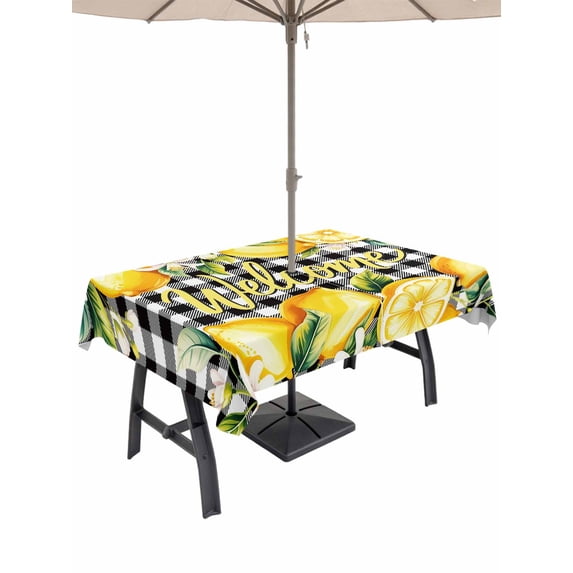 Outdoor Tablecloth with Umbrella Hole for Patio/Picnic/Party/Camping, Yellow Lemons Waterproof Table Cloth Rectangle Table Cover Washable, Summer Fruits Leaves Botanical Buffalo Plaid (60"x 102")