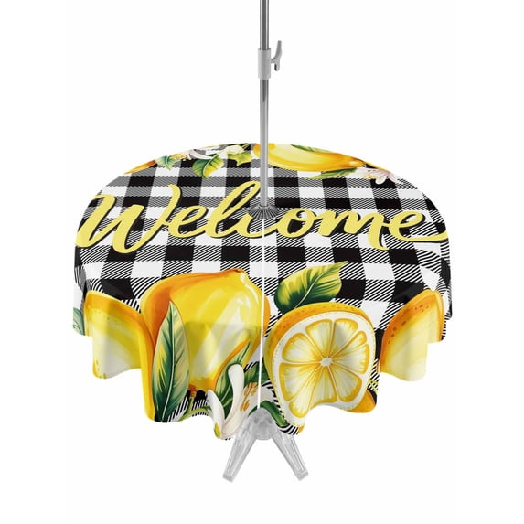 Outdoor Tablecloth with Umbrella Hole for Patio/Picnic/Party/Camping, Yellow Lemons Waterproof Table Cloth Round Cover Washable, Summer Fruits Leaves Botanical Buffalo Plaid (Dia 54")