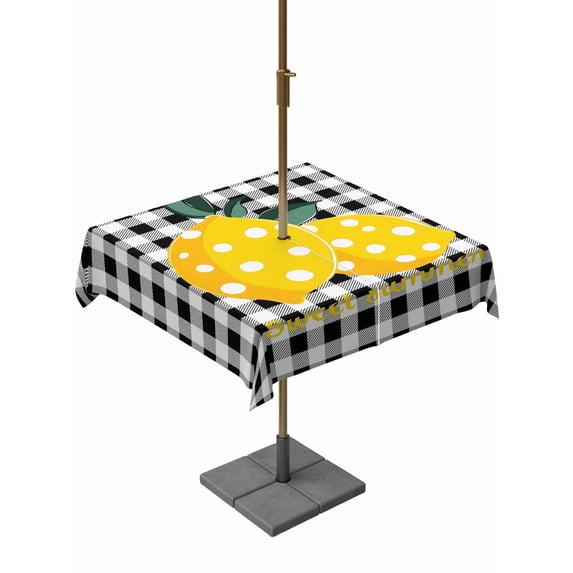 Outdoor Tablecloth with Umbrella Hole for Patio/Picnic/Party/Camping, Yellow Lemons Waterproof Table Cloth Square Cover Washable, Summer Botanical Black White Plaid Farmhouse (54"x 54")