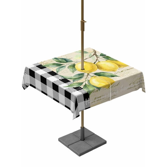 Outdoor Tablecloth with Umbrella Hole for Patio/Picnic/Party/Camping, Yellow Lemons Waterproof Table Cloth Square Cover Washable, Summer Botanical Fruit Buffalo Lattice (60"x 60")