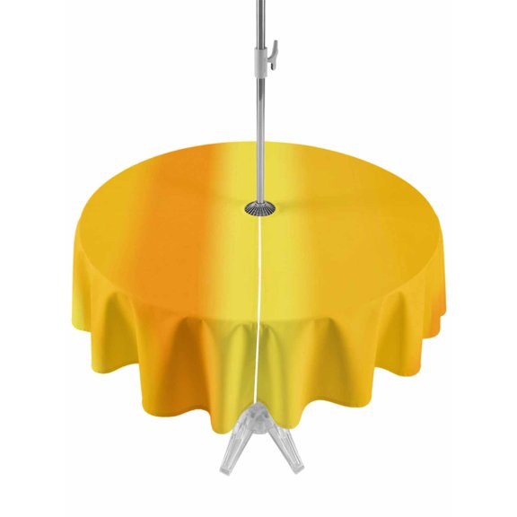 Outdoor Tablecloth with Umbrella Hole for Patio/Picnic/Party/Camping, Yellow Orange Vertical Striped Waterproof Table Cloth Round Cover Washable, Modern Color Ombre (Dia 54")