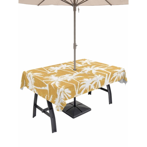 Outdoor Tablecloth with Umbrella Hole for Patio/Picnic/Party/Camping, Yellow Palm Tree Summer Waterproof Table Cloth Rectangle Table Cover Washable, Beach Tropical Botanical Coastal (60"x 120")