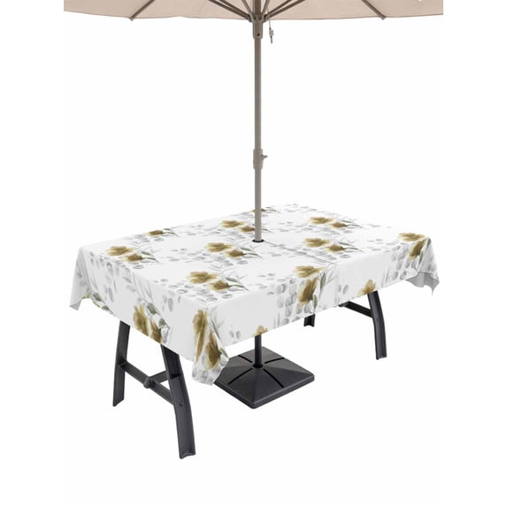 Outdoor Tablecloth with Umbrella Hole for Patio/Picnic/Party/Camping, Yellow Poppy Flowers Waterproof Table Cloth Rectangle Table Cover Washable, Spring Gray Eucalyptus Leaves Rustic (52"x 70")