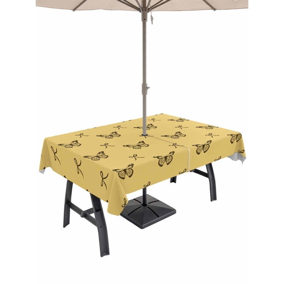 Outdoor Tablecloth with Umbrella Hole for Patio/Picnic/Party/Camping, Yellow Spring Butterfly Waterproof Table Cloth Rectangle Table Cover Washable, Black Bow Knot (60"x 102")
