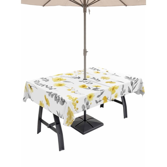 Outdoor Tablecloth with Umbrella Hole for Patio/Picnic/Party/Camping, Yellow Spring Floral Waterproof Table Cloth Rectangle Table Cover Washable, Flowers Botanical Elegant Pastoral (52"x 70")