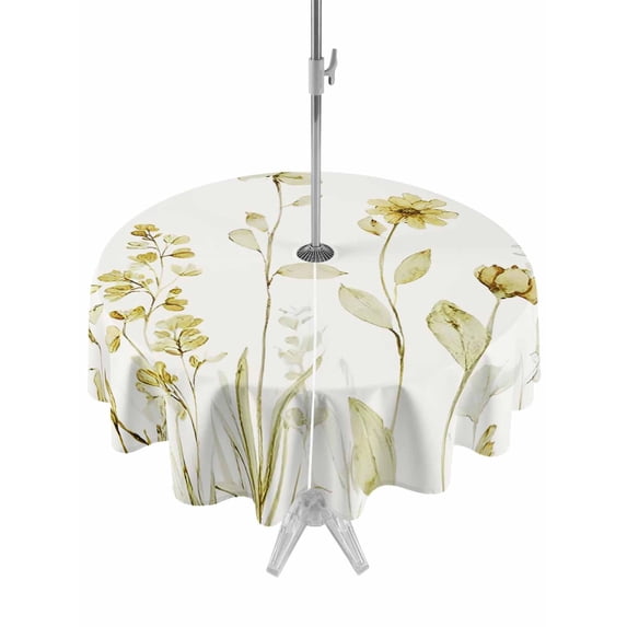 Outdoor Tablecloth with Umbrella Hole for Patio/Picnic/Party/Camping, Yellow Spring Floral Waterproof Table Cloth Round Cover Washable, Summer Flowers Botanical Elegant (Dia 60")