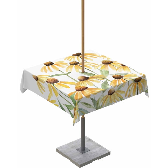 Outdoor Tablecloth with Umbrella Hole for Patio/Picnic/Party/Camping, Yellow Spring Floral Waterproof Table Cloth Square Cover Washable, Watercolor Elegant Botanical 60"x 60"