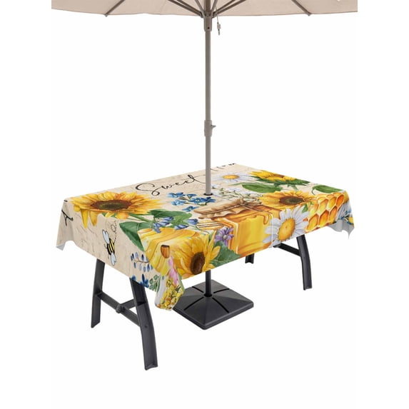 Outdoor Tablecloth with Umbrella Hole for Patio/Picnic/Party/Camping, Yellow Sunflowers Waterproof Table Cloth Rectangle Table Cover Washable, Daisy Bees Elegant Farmhouse Floral (60"x 84")
