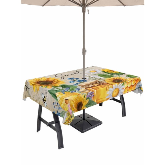 Outdoor Tablecloth with Umbrella Hole for Patio/Picnic/Party/Camping, Yellow Sunflowers Waterproof Table Cloth Rectangle Table Cover Washable, Elegant Pastoral Floral Daisy Bees (60"x 102")