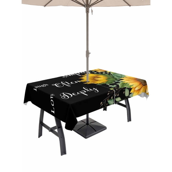 Outdoor Tablecloth with Umbrella Hole for Patio/Picnic/Party/Camping, Yellow Sunflowers Waterproof Table Cloth Rectangle Table Cover Washable, Farmhouse Floral Rustic Botanical Black (54"x 80")