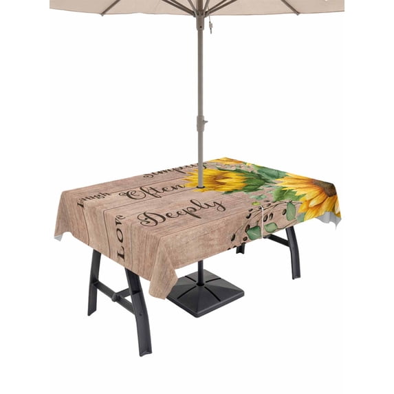 Outdoor Tablecloth with Umbrella Hole for Patio/Picnic/Party/Camping, Yellow Sunflowers Waterproof Table Cloth Rectangle Table Cover Washable, Farmhouse Floral Rustic Leaves Brown Wood (52"x 70")