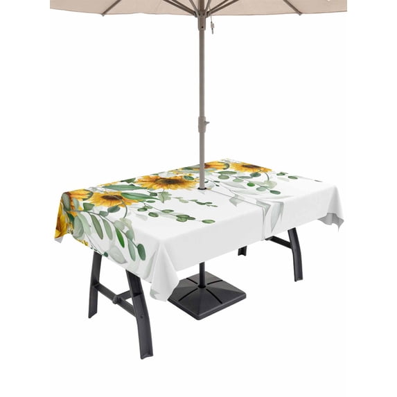 Outdoor Tablecloth with Umbrella Hole for Patio/Picnic/Party/Camping, Yellow Sunflowers Waterproof Table Cloth Rectangle Table Cover Washable, Spring Watercolor Green Eucalyptus Leaves (52"x 70")
