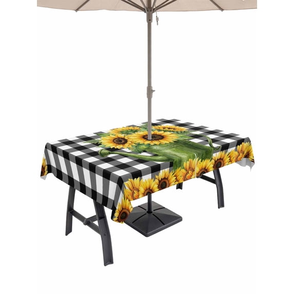 Outdoor Tablecloth with Umbrella Hole for Patio/Picnic/Party/Camping, Yellow Sunflowers Waterproof Table Cloth Rectangle Table Cover Washable, Summer Botanical Flowers Black Plaid (60"x 102")