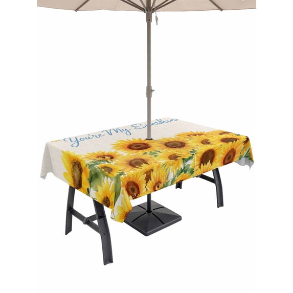 Outdoor Tablecloth with Umbrella Hole for Patio/Picnic/Party/Camping, Yellow Sunflowers Waterproof Table Cloth Rectangle Table Cover Washable, Summer Floral Elegant Pastoral Botanical (54"x 80")